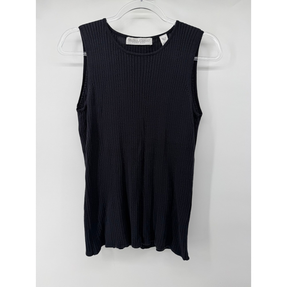 Valerie Stevens Pure Silk Black Cable Knit Sleeveless Shell Tank Top Large